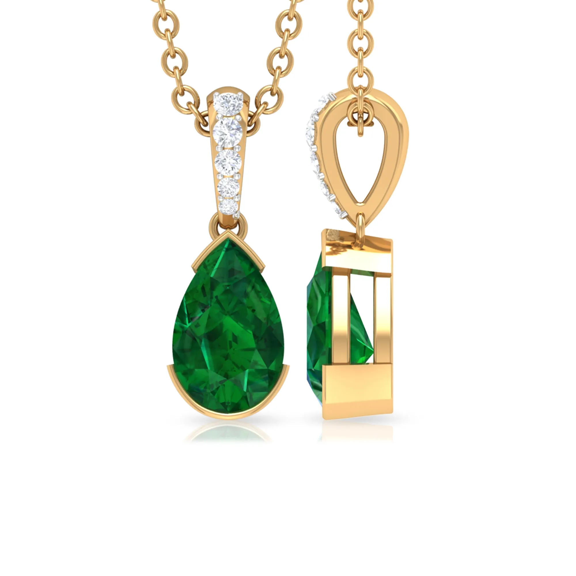 3/4 CT Pear Cut Emerald Solitaire Pendant in Half Bezel Setting with Diamond Accent Bail