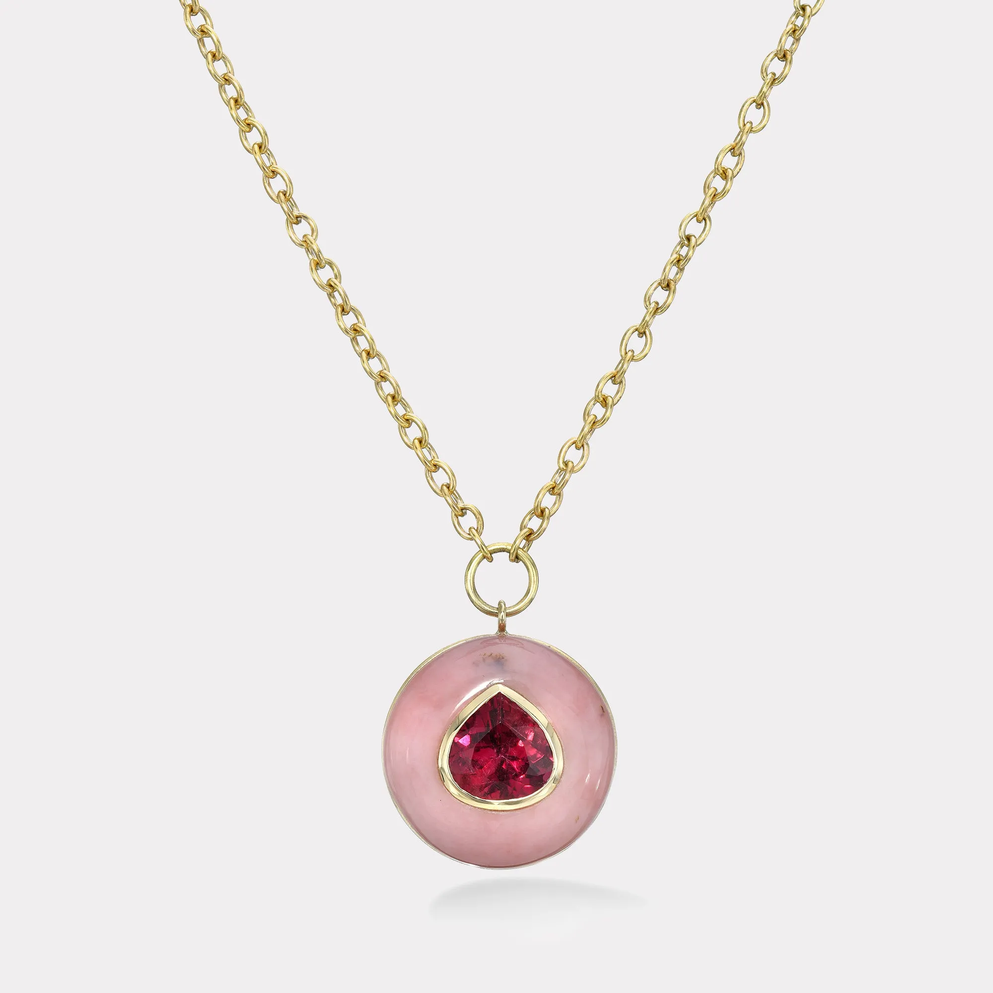 3.70cts Pear Rubellite in Hand Carved Pink Opal Lollipop Pendant