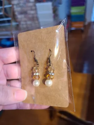 4-Tier Earrings with Amber, Gray, Pearl, and Crystal Bolette Beads