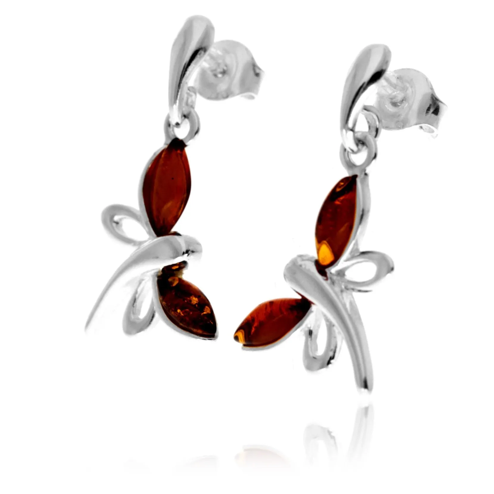 925 Sterling Silver & Genuine Baltic Amber Butterfly Drop Studs Earrings - GL146D