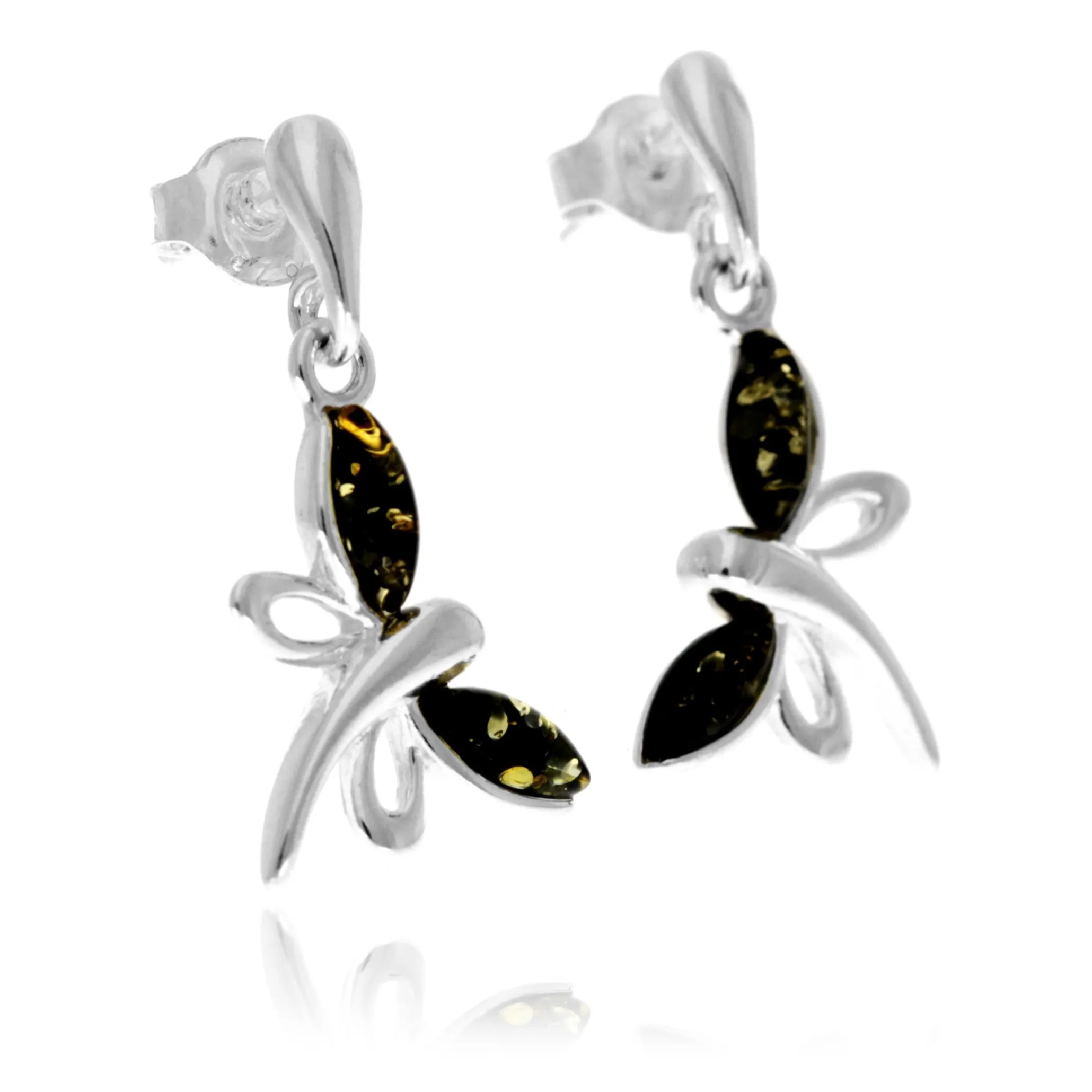 925 Sterling Silver & Genuine Baltic Amber Butterfly Drop Studs Earrings - GL146D
