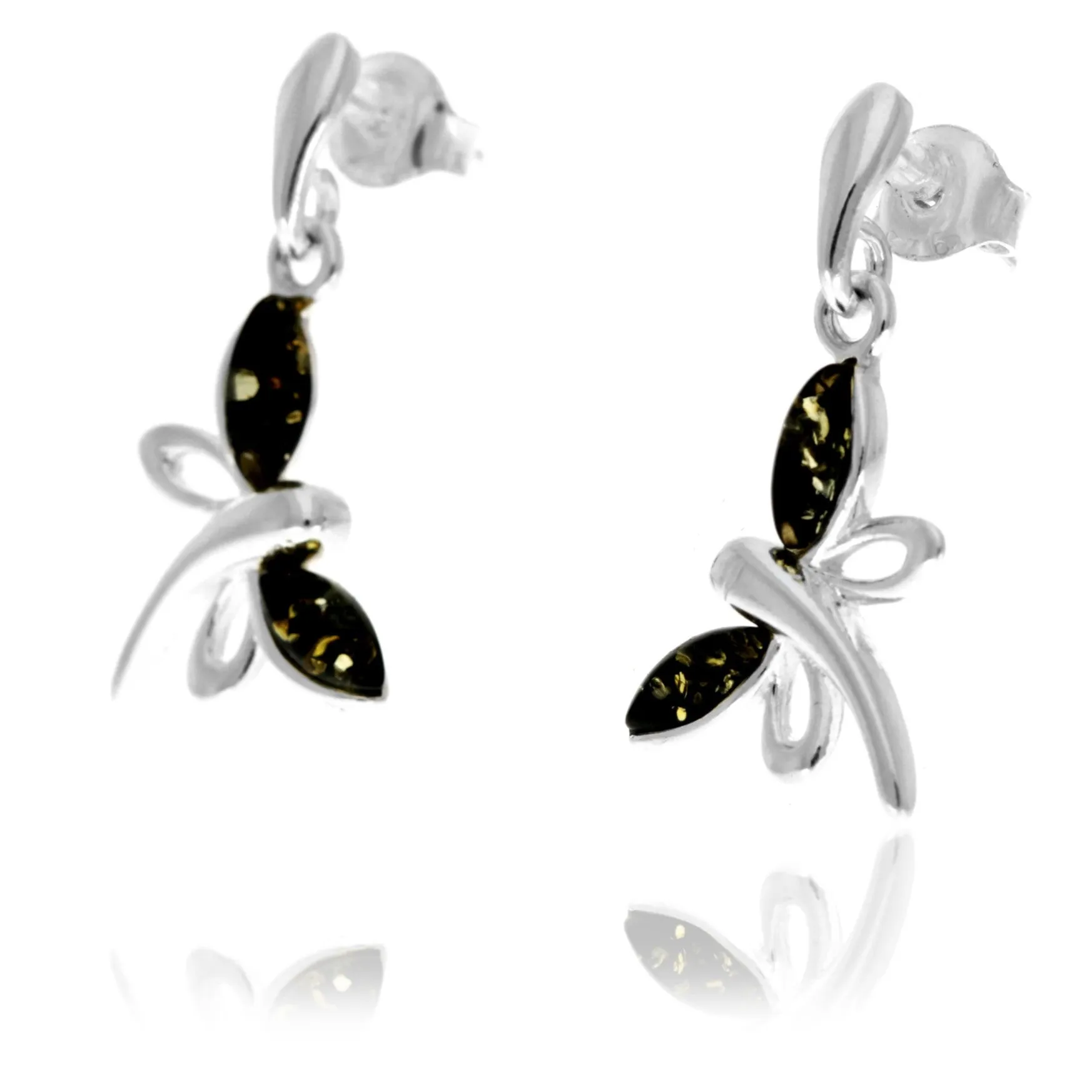 925 Sterling Silver & Genuine Baltic Amber Butterfly Drop Studs Earrings - GL146D