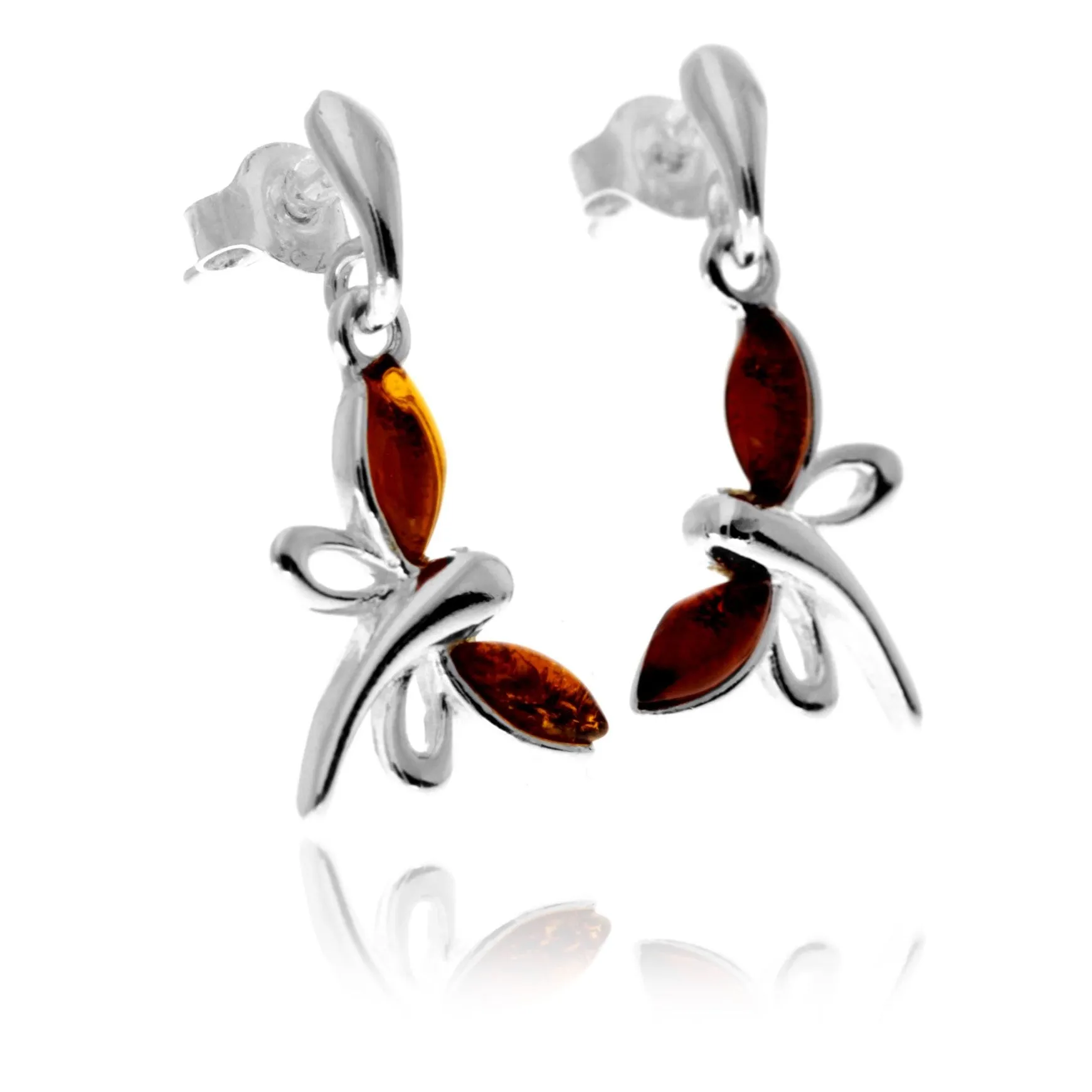 925 Sterling Silver & Genuine Baltic Amber Butterfly Drop Studs Earrings - GL146D