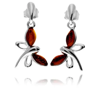925 Sterling Silver & Genuine Baltic Amber Butterfly Drop Studs Earrings - GL146D