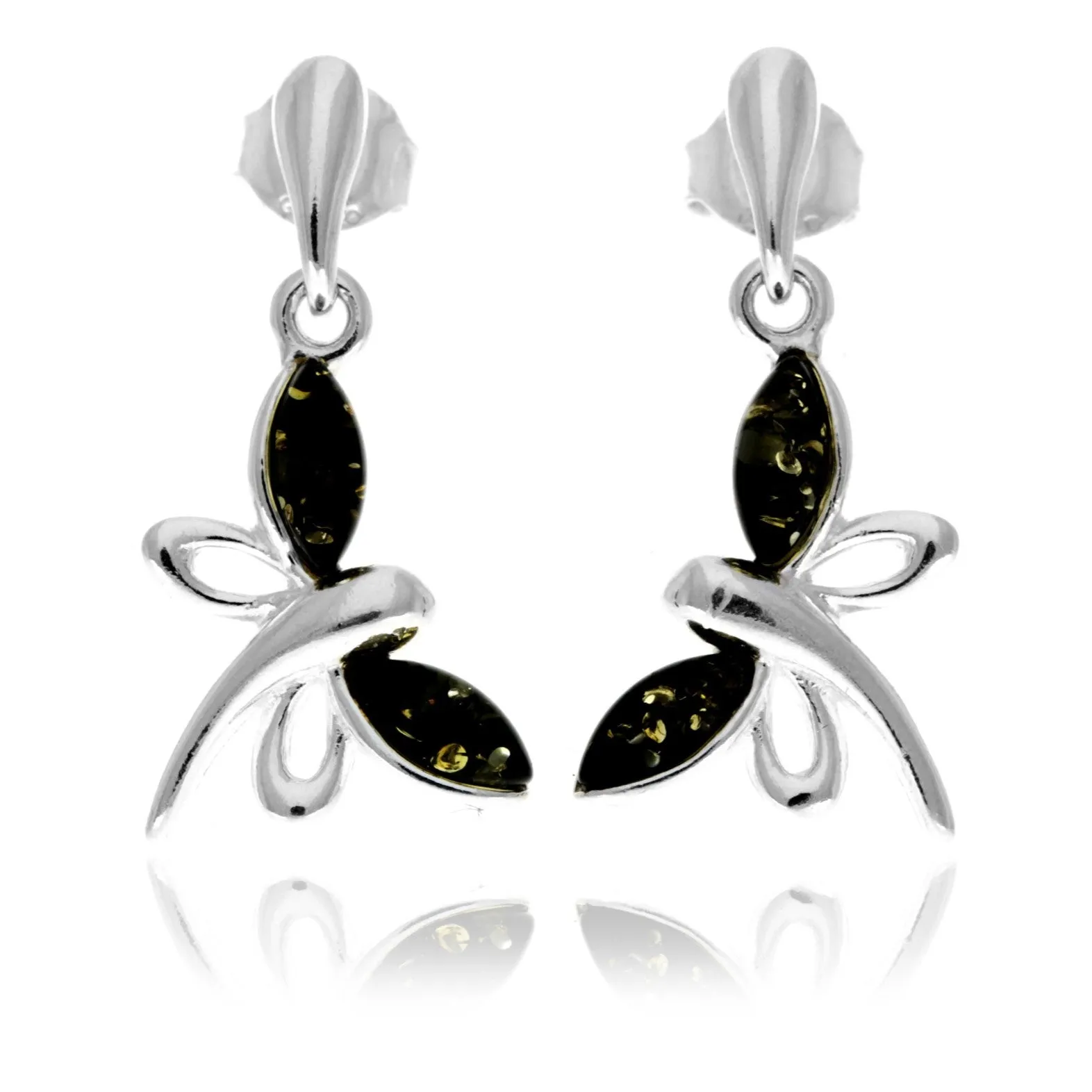 925 Sterling Silver & Genuine Baltic Amber Butterfly Drop Studs Earrings - GL146D
