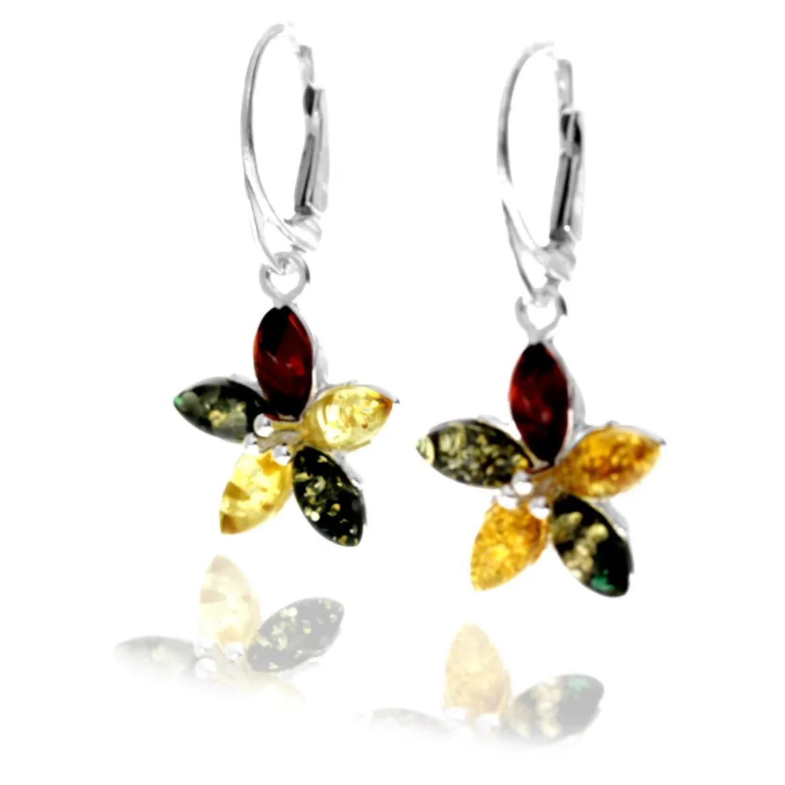 925 Sterling Silver & Genuine Baltic Amber Flowers Drop Dangle Earrings - 8561