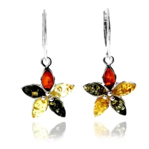 925 Sterling Silver & Genuine Baltic Amber Flowers Drop Dangle Earrings - 8561