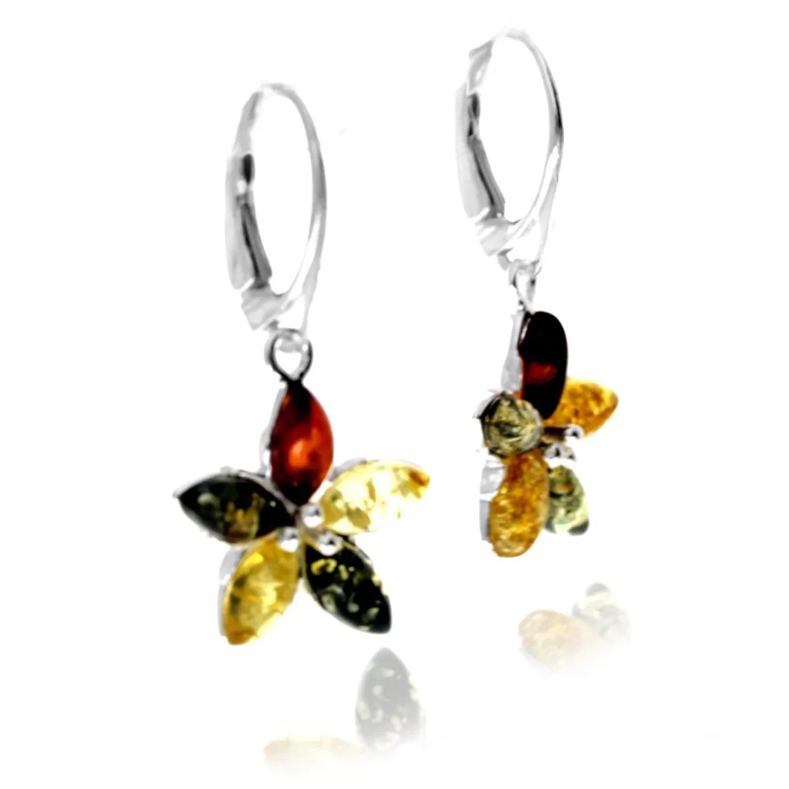 925 Sterling Silver & Genuine Baltic Amber Flowers Drop Dangle Earrings - 8561