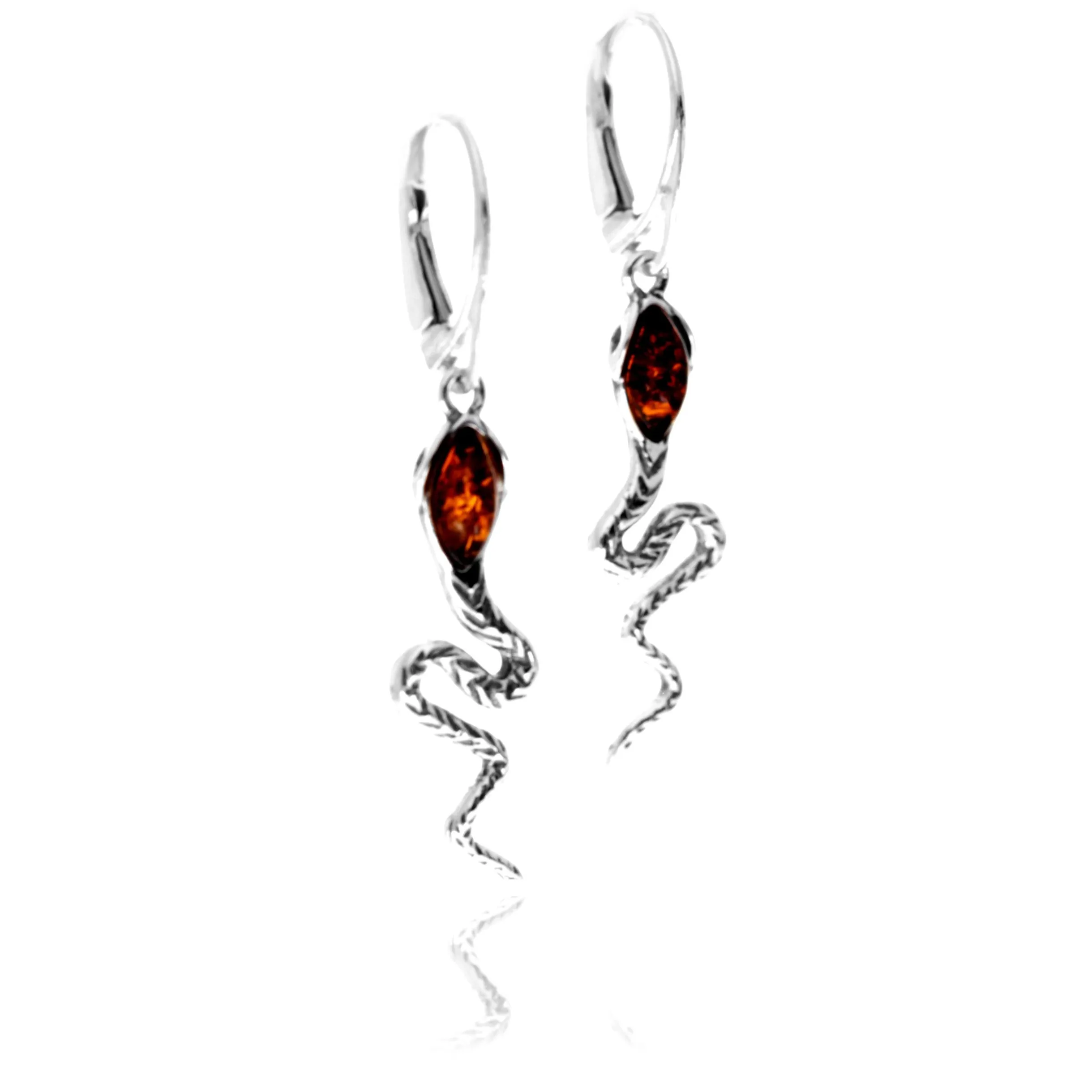 925 Sterling Silver & Genuine Baltic Amber Snake Drop Dangle Earrings - 8558