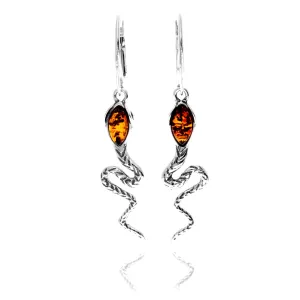 925 Sterling Silver & Genuine Baltic Amber Snake Drop Dangle Earrings - 8558