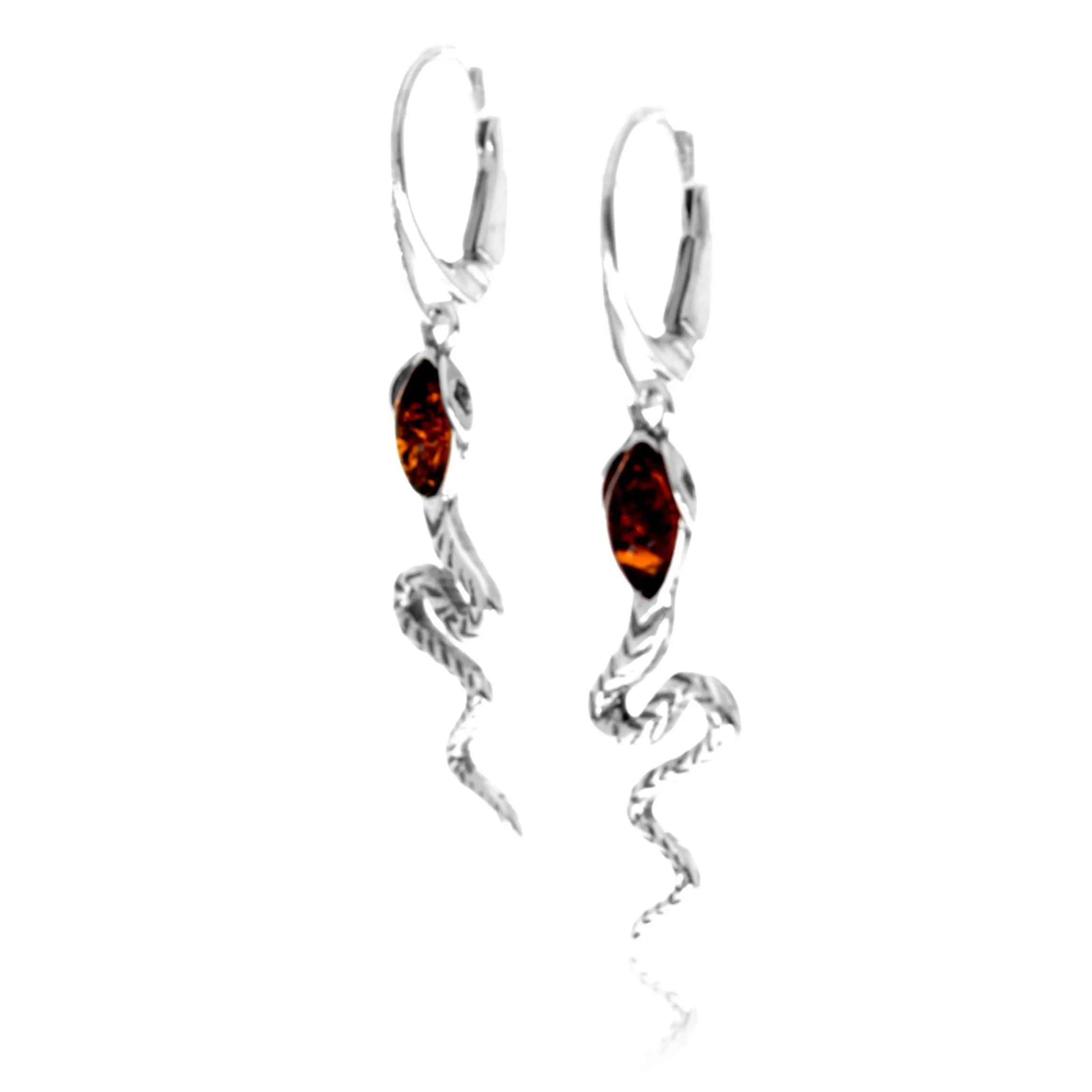 925 Sterling Silver & Genuine Baltic Amber Snake Drop Dangle Earrings - 8558