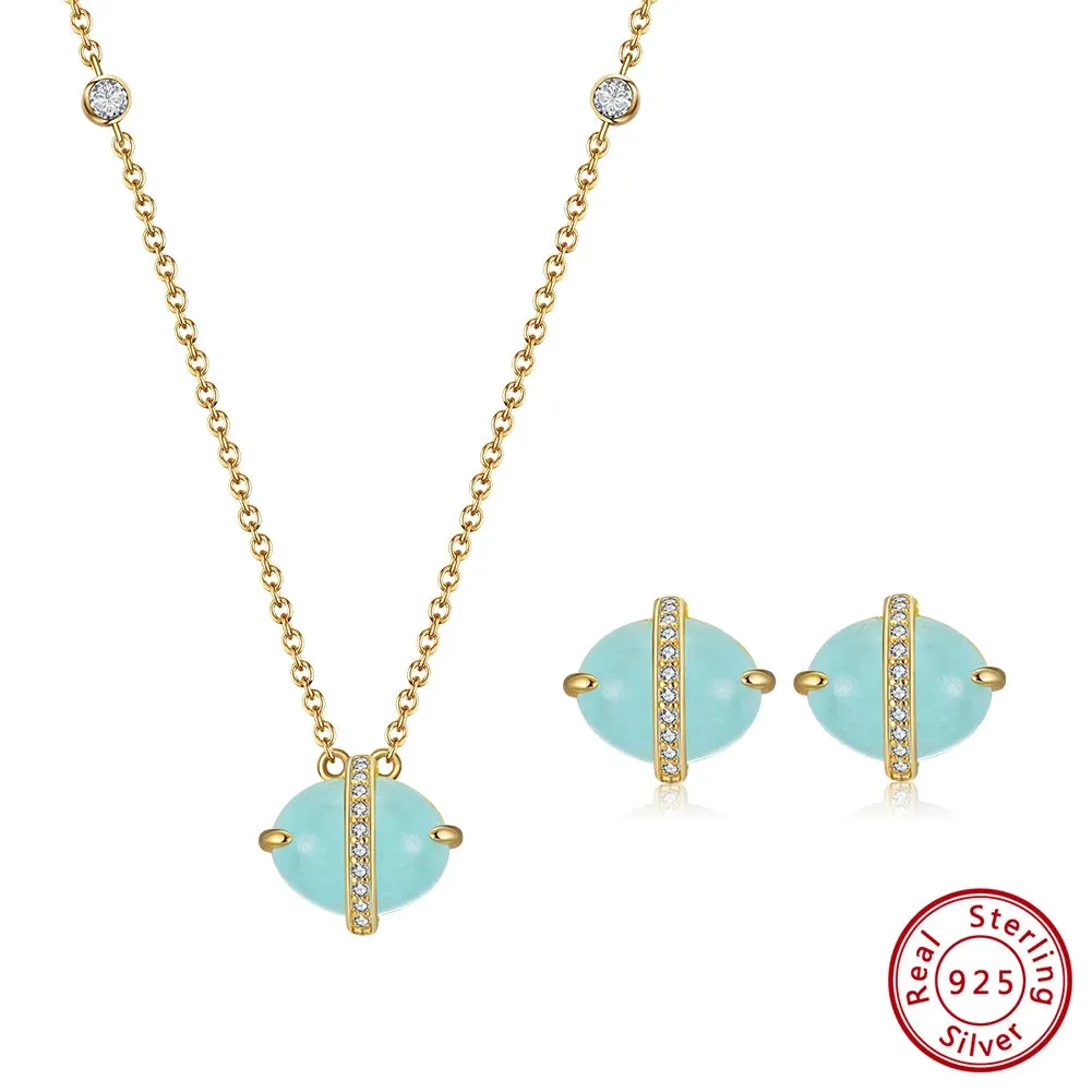 925 Sterling Silver Natural Aquamarine Earrings Necklace Ring Set 14K Gold Plated for Women Jewelry Sets Gift