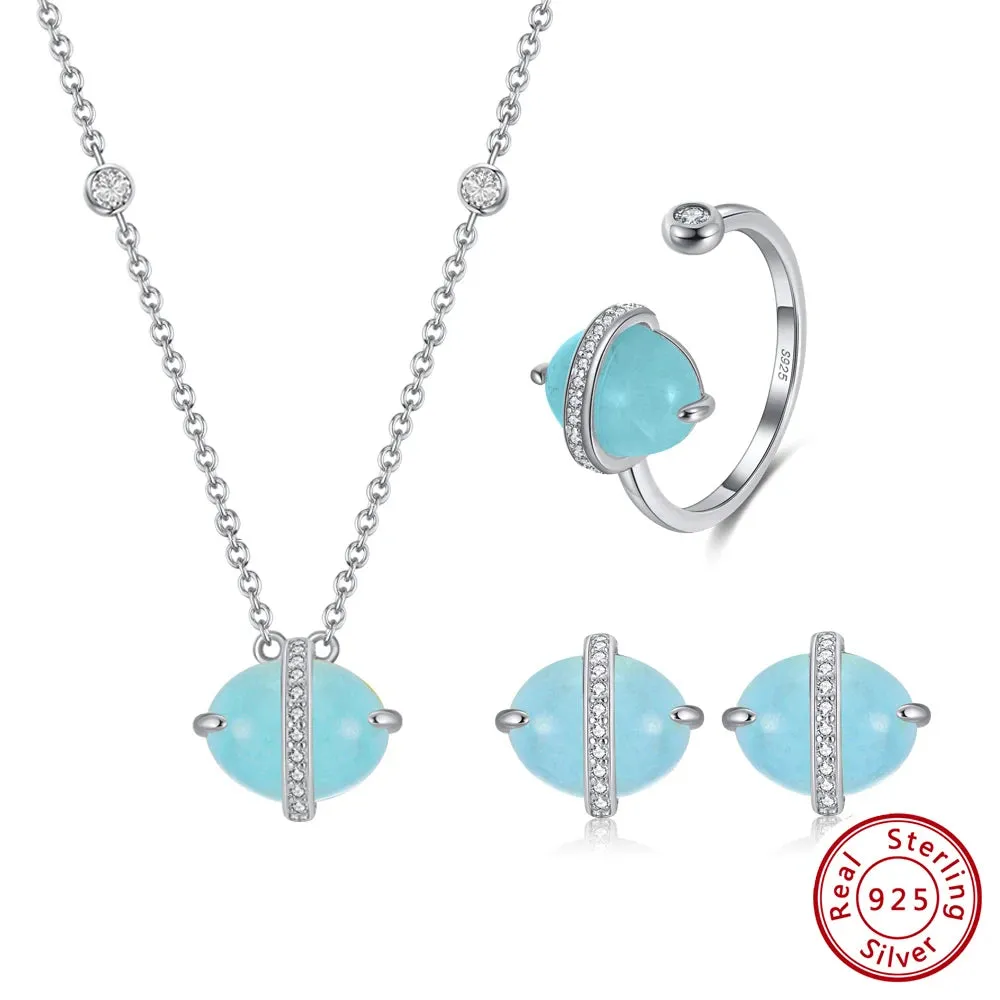 925 Sterling Silver Natural Aquamarine Earrings Necklace Ring Set 14K Gold Plated for Women Jewelry Sets Gift