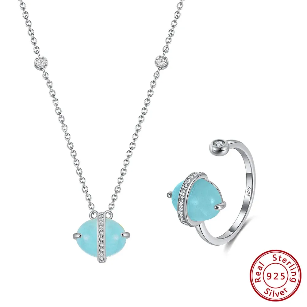 925 Sterling Silver Natural Aquamarine Earrings Necklace Ring Set 14K Gold Plated for Women Jewelry Sets Gift