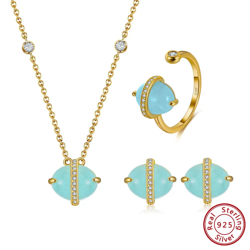 925 Sterling Silver Natural Aquamarine Earrings Necklace Ring Set 14K Gold Plated for Women Jewelry Sets Gift