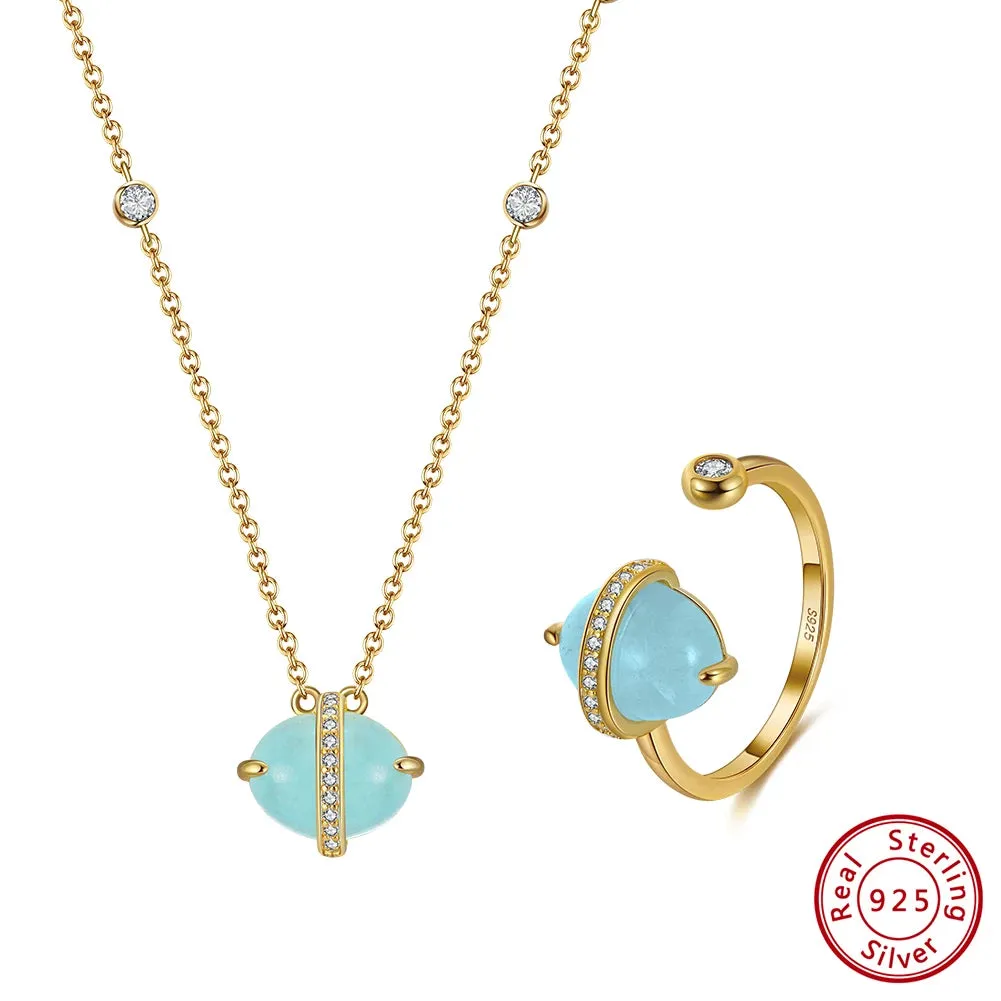 925 Sterling Silver Natural Aquamarine Earrings Necklace Ring Set 14K Gold Plated for Women Jewelry Sets Gift