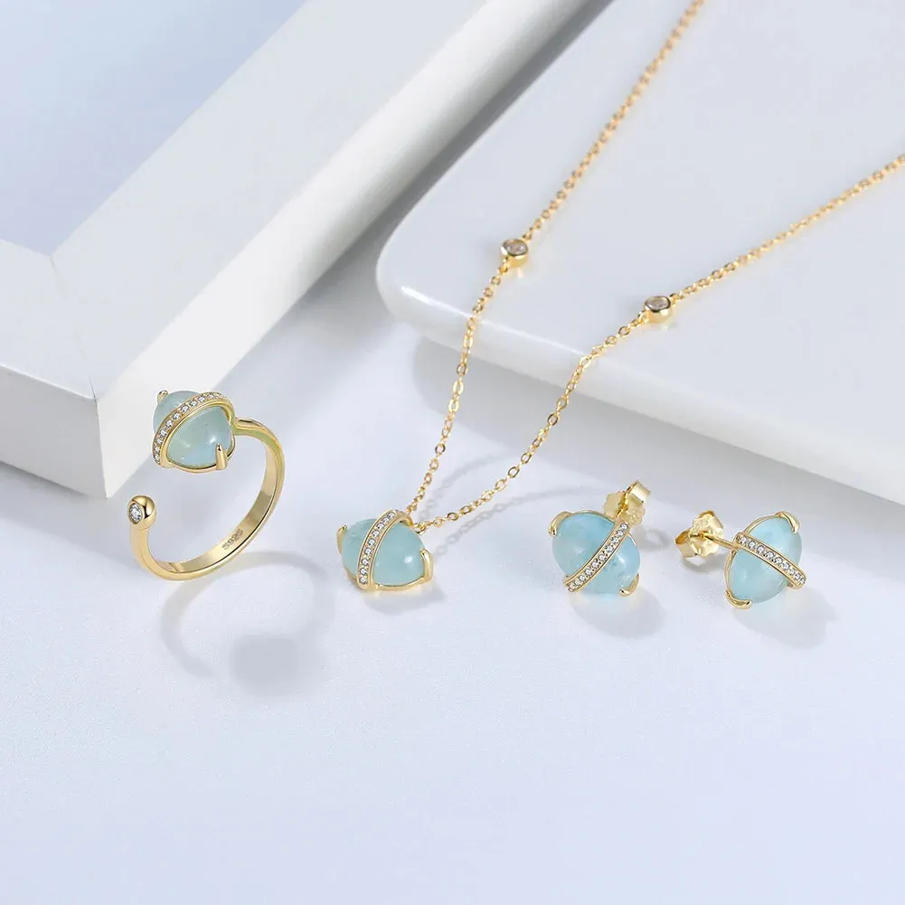 925 Sterling Silver Natural Aquamarine Earrings Necklace Ring Set 14K Gold Plated for Women Jewelry Sets Gift