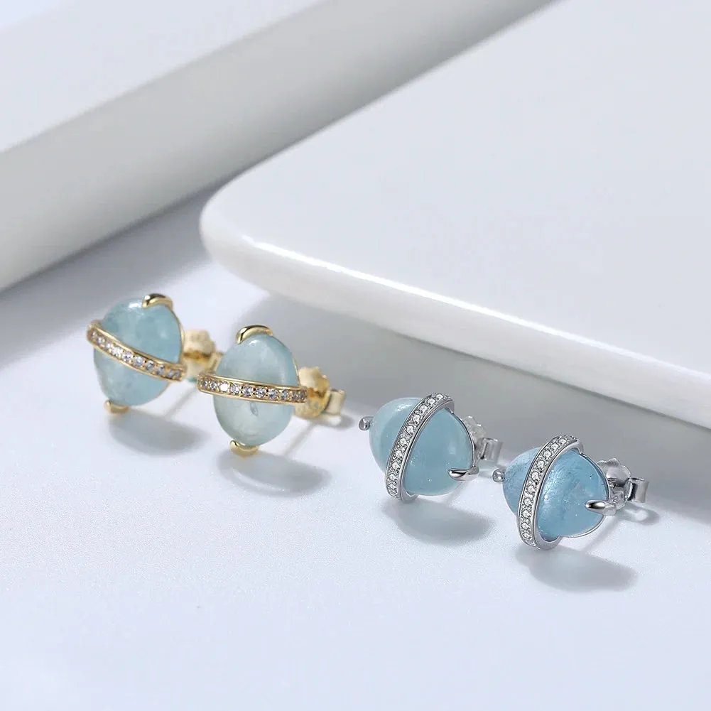 925 Sterling Silver Natural Aquamarine Earrings Necklace Ring Set 14K Gold Plated for Women Jewelry Sets Gift