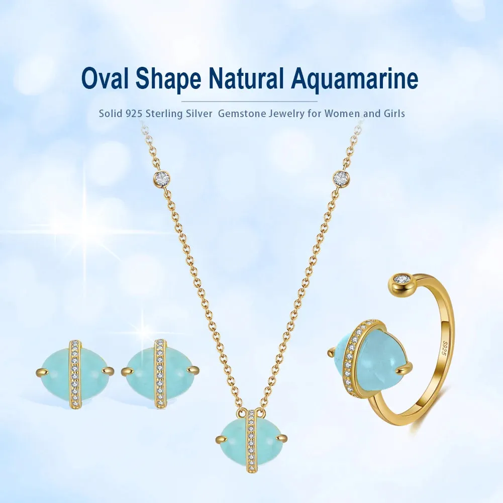 925 Sterling Silver Natural Aquamarine Earrings Necklace Ring Set 14K Gold Plated for Women Jewelry Sets Gift