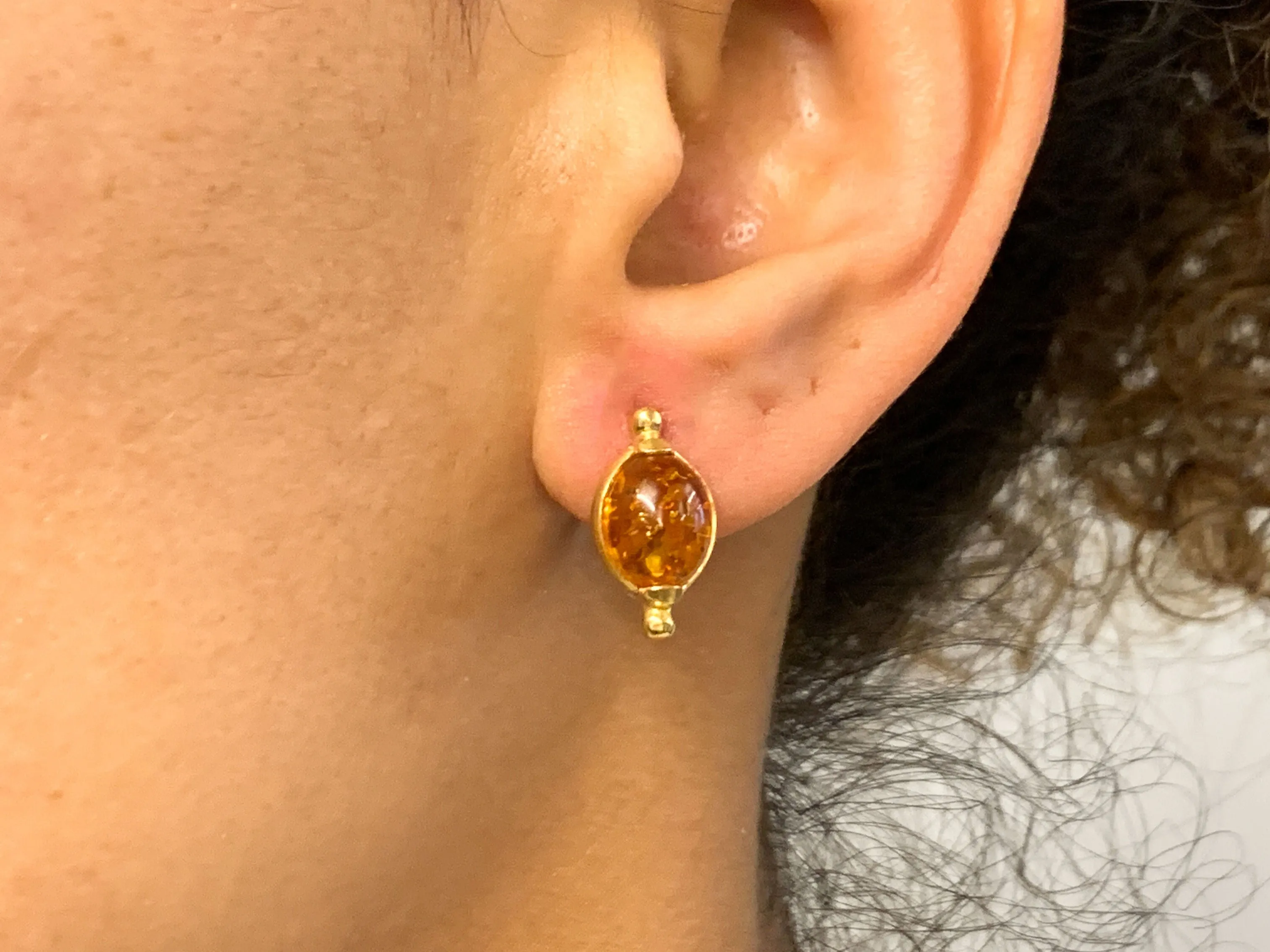 Amber Gold Earrings - Vintage Amber Studs - Yellow Oval Earrings