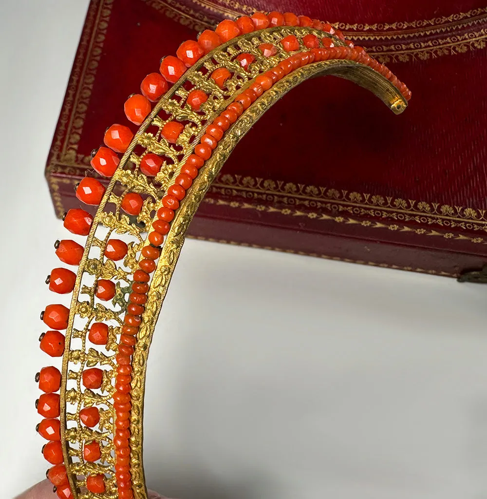 Antique French Empire Red Coral Tiara 3, Napoleon I Era Diadem, Crown, Hair Ornament