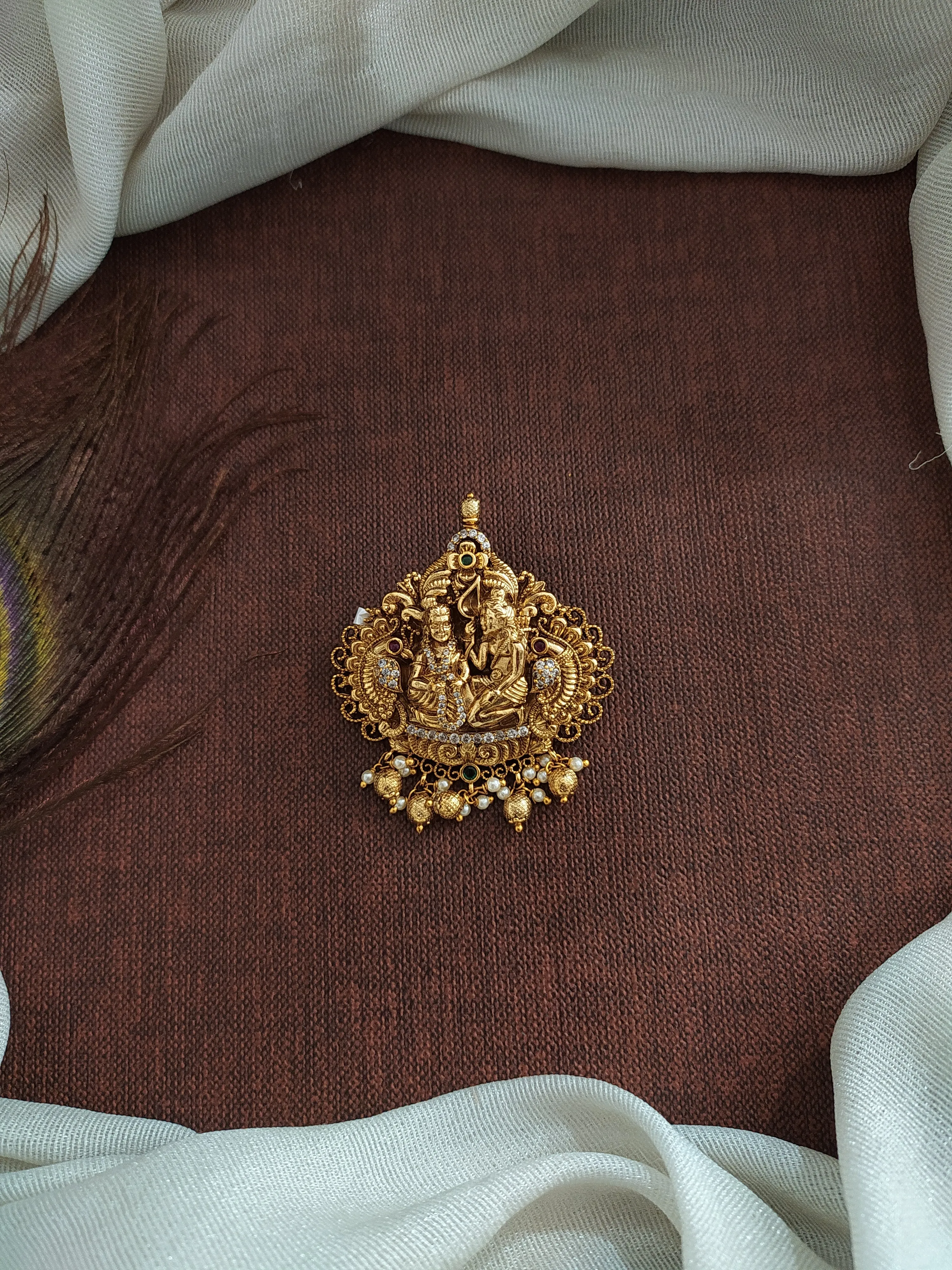 Antique Nakshi Work Pendant Set with Zircon Stones