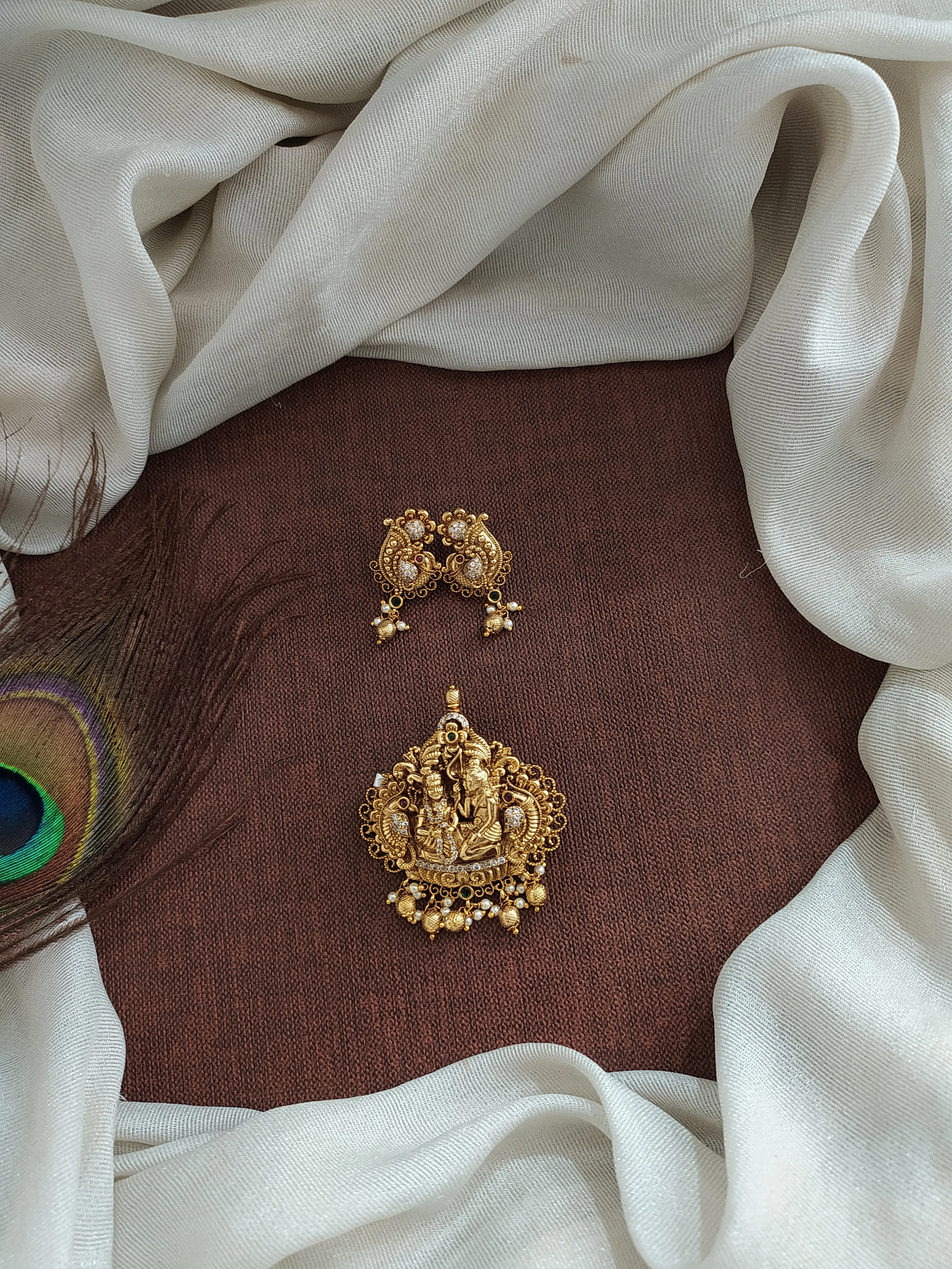 Antique Nakshi Work Pendant Set with Zircon Stones