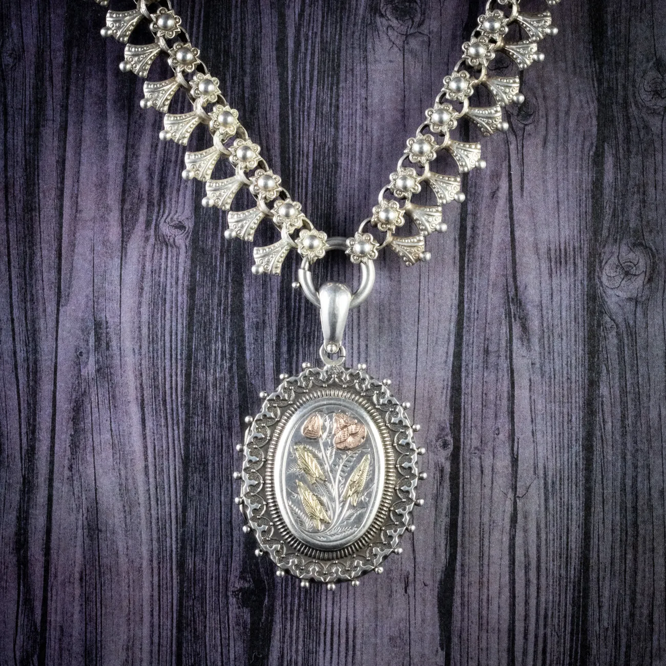 Antique Victorian Forget Me Not Collar Locket 18Ct Gold Silver Dated 1881
