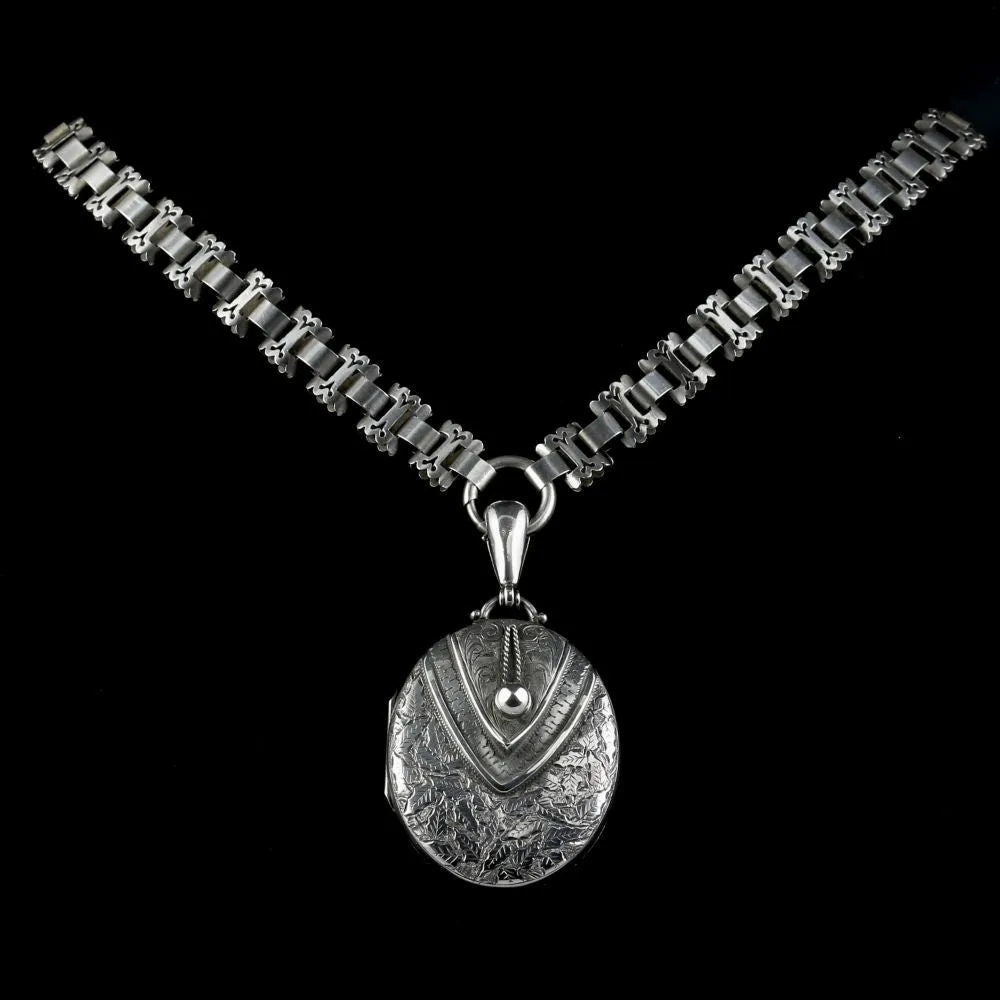 Antique Victorian Silver Locket And Collar Circa 1880