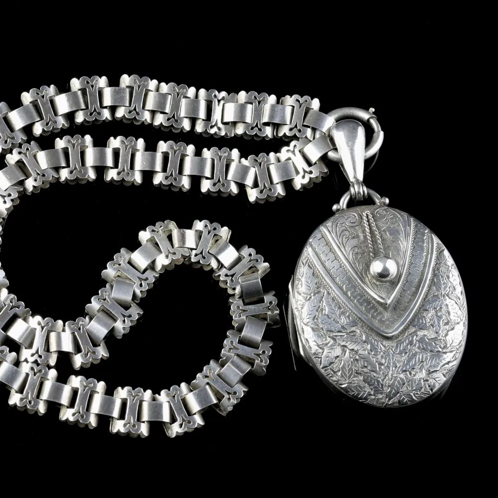 Antique Victorian Silver Locket And Collar Circa 1880