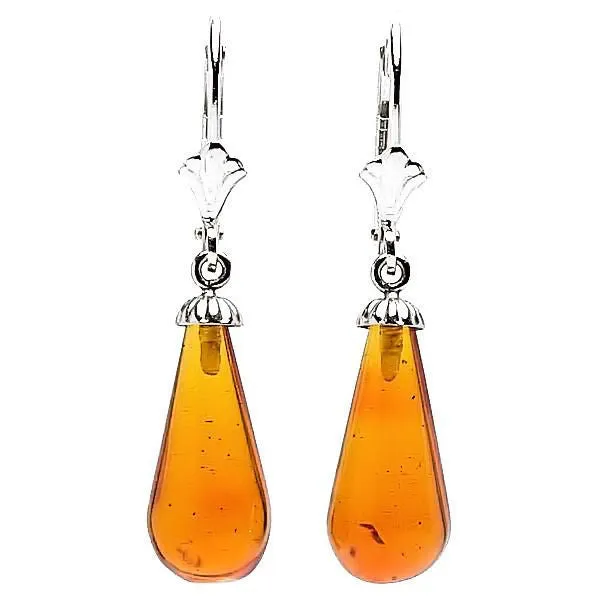 Anya: Natural 16mm Baltic Amber Teardrop Leverback Earrings 14K White Gold