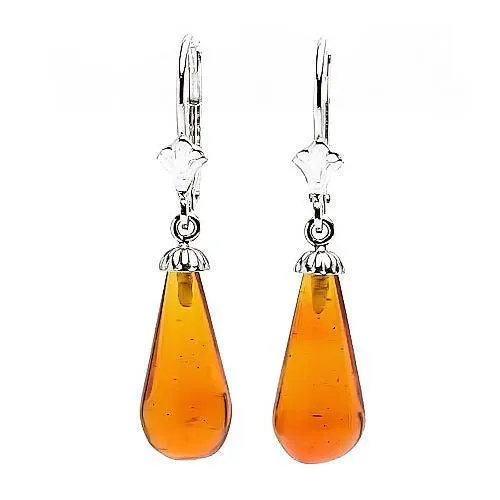 Anya: Natural 16mm Baltic Amber Teardrop Leverback Earrings 14K White Gold