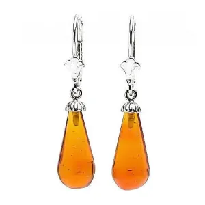 Anya: Natural 16mm Baltic Amber Teardrop Leverback Earrings 14K White Gold