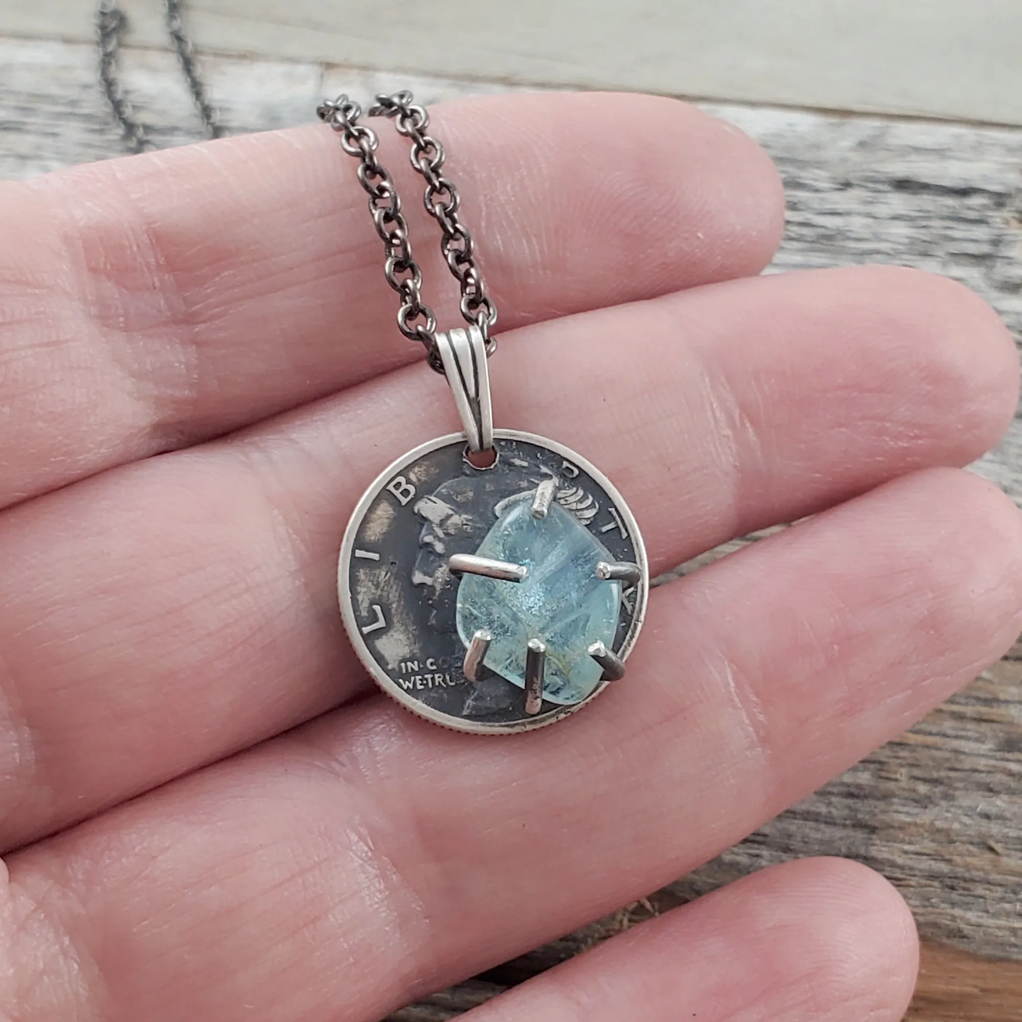Aquamarine Mercury Dime Necklace
