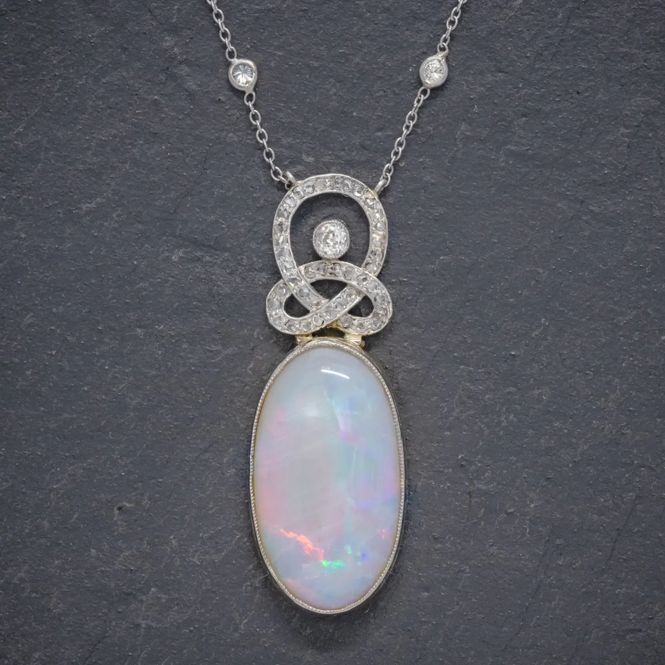 Art Deco Opal Diamond Pendant Necklace 18Ct Gold Platinum 15Ct Opal Circa 1930 Boxed