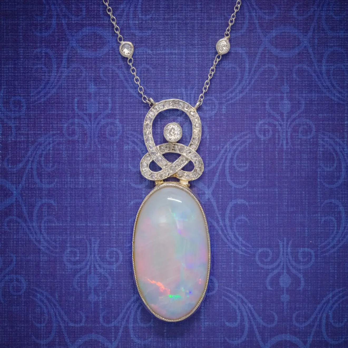 Art Deco Opal Diamond Pendant Necklace 18Ct Gold Platinum 15Ct Opal Circa 1930 Boxed