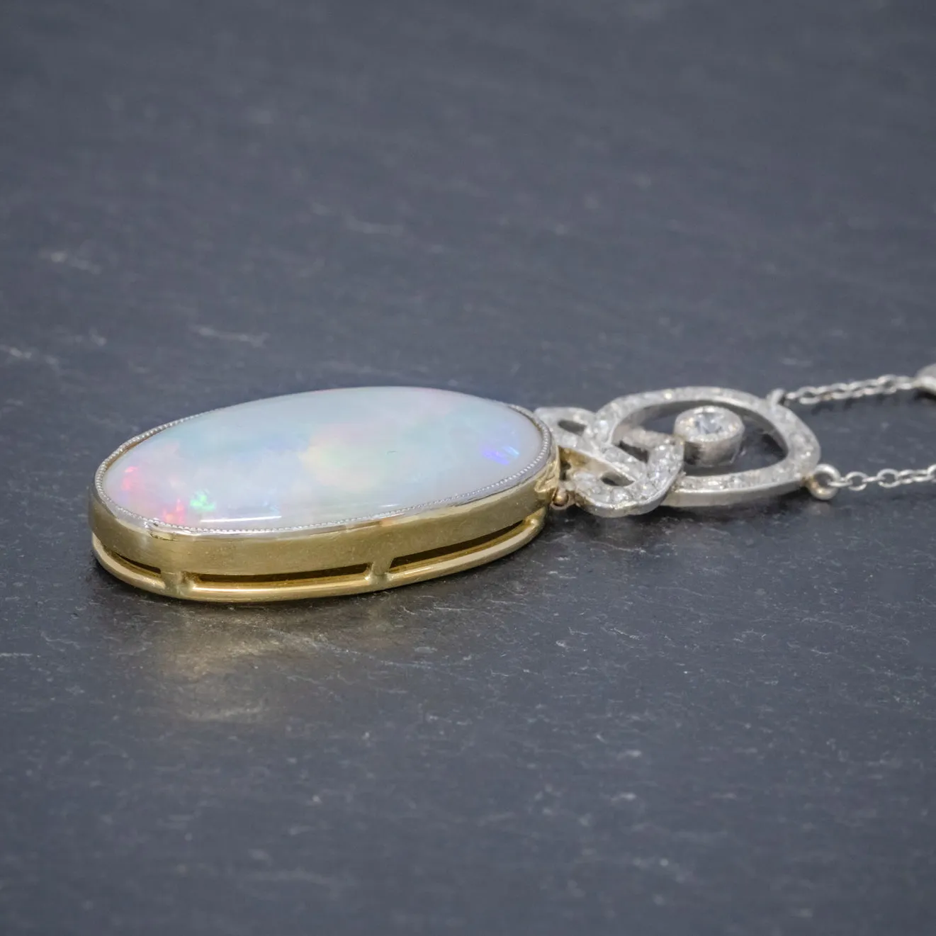 Art Deco Opal Diamond Pendant Necklace 18Ct Gold Platinum 15Ct Opal Circa 1930 Boxed