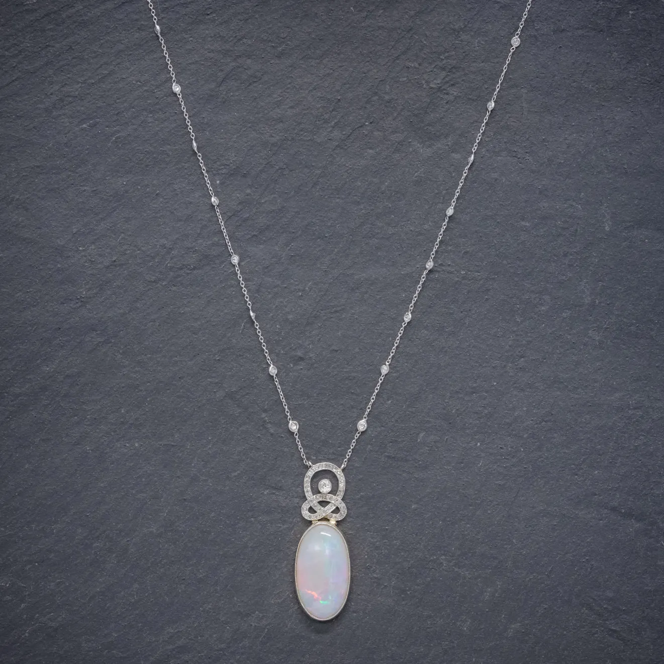 Art Deco Opal Diamond Pendant Necklace 18Ct Gold Platinum 15Ct Opal Circa 1930 Boxed