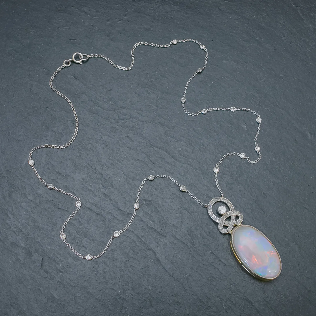 Art Deco Opal Diamond Pendant Necklace 18Ct Gold Platinum 15Ct Opal Circa 1930 Boxed