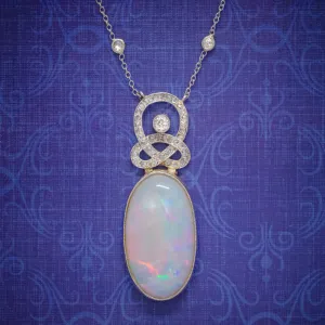 Art Deco Opal Diamond Pendant Necklace 18Ct Gold Platinum 15Ct Opal Circa 1930 Boxed