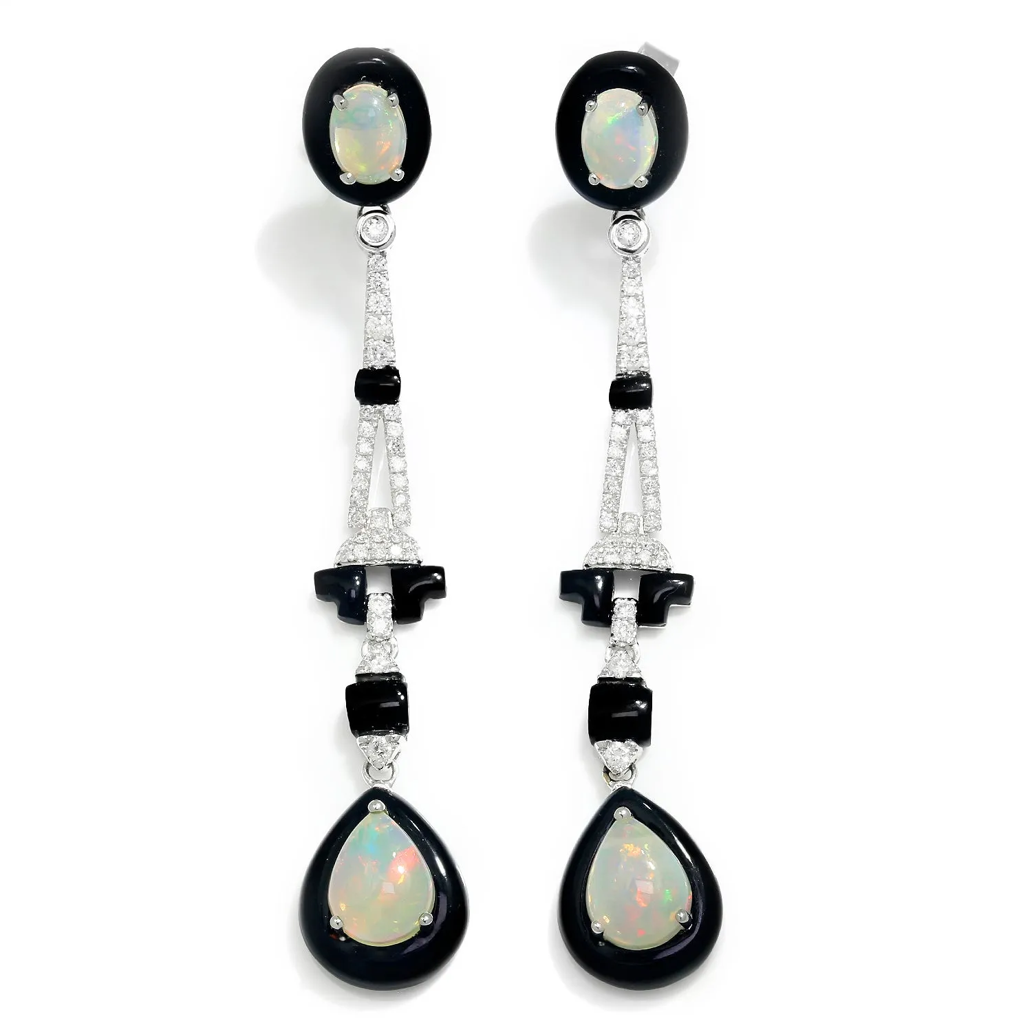 Art Deco Style Opal Drop Dangle Earrings with Diamonds White Gold