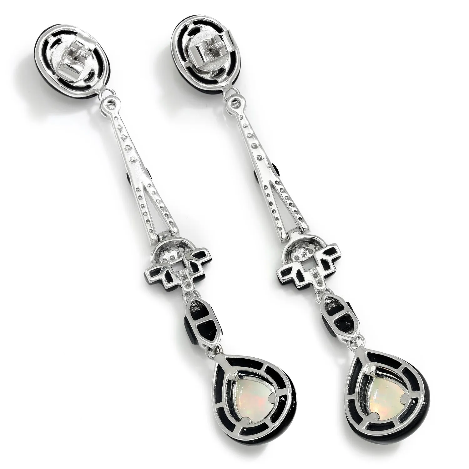 Art Deco Style Opal Drop Dangle Earrings with Diamonds White Gold