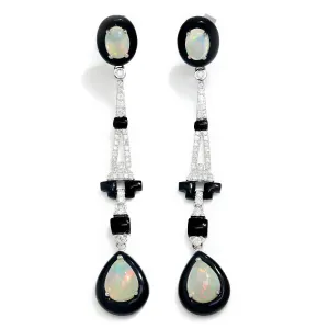 Art Deco Style Opal Drop Dangle Earrings with Diamonds White Gold