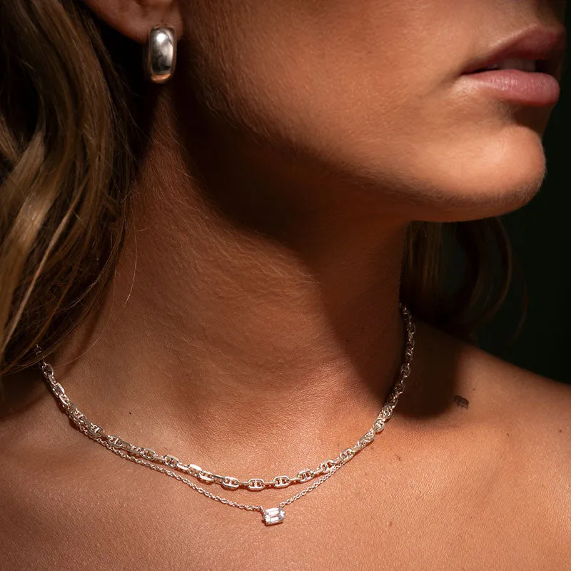 Baguette Mini Necklace, White Topaz, Silver