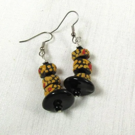 Black & Gold African Trade Bead Drop Earrings