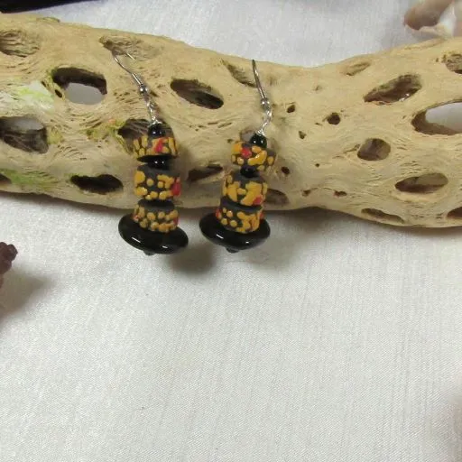 Black & Gold African Trade Bead Drop Earrings