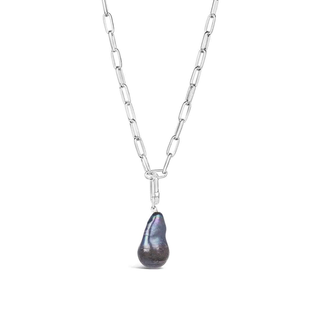 Black Baroque Pearl Paperclip Necklace in Silver
