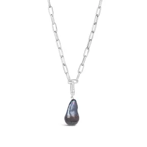 Black Baroque Pearl Paperclip Necklace in Silver