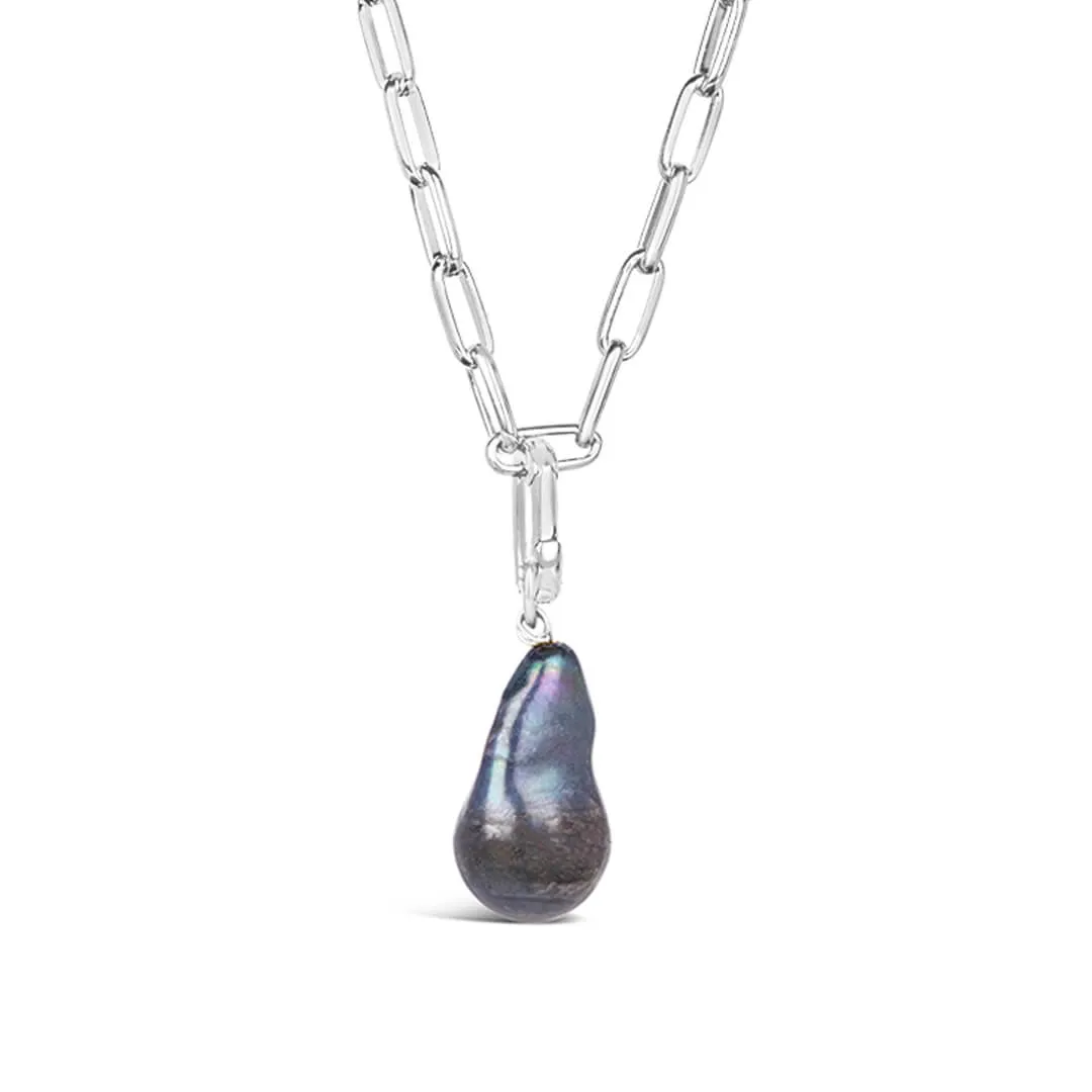 Black Baroque Pearl Paperclip Necklace in Silver