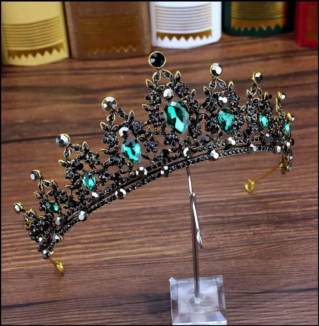 Black Emerald Green Vintage Baroque Princess Crowns Dark Goth Evil Queen diadem